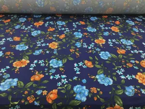Double Brushed DTY Floral Spandex Stretch Apparel Fabric Navy Blue Orange L513