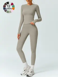 Women's Solid Color Long Sleeve Tee & High Waist Leggings Tracksuit Set, Athletic Activewear Tracksuits, Sporty Comfy Breathable Outfits for Gym Workout Running, Ladies Fall & Winter Sportswear