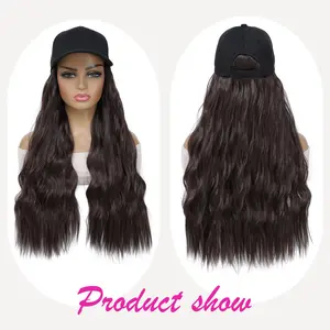 Baseball Cap Wig 20in Long Natural Wave Hair Extensions With Hat Heat Resistant Synthetic Adjustable Wig Black cap wigs for Women Girls