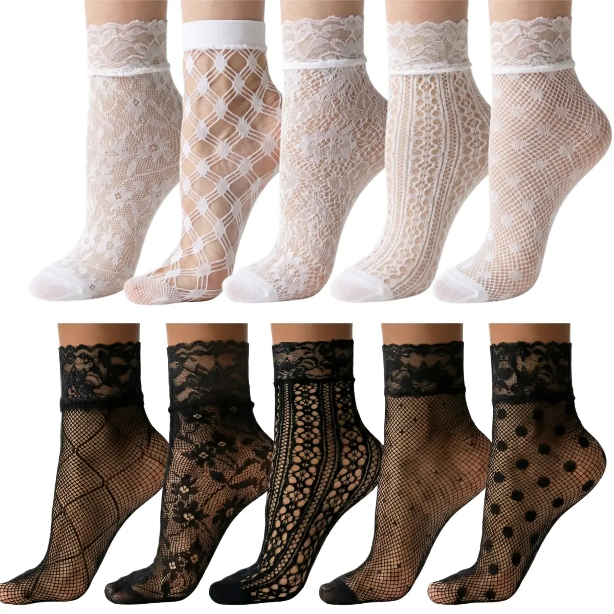 Women's 10 Pairs Black and White Patterned Lace Anklet Socks - Chic Vintage Lady Accessory with Ruffled Trim, Spandex Stretchy Secure Fit, Comfort & Style for Everyday & Party Wear, Nylon, Comfortable, Fishnet