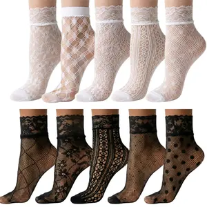 Women's10 Pairs Black and White Patterned Lace Anklet Socks, Elegant Lace Design with Ruffled Trim,  Detail for Comfort & Style, Womenswear Everyday, Feminine Stretchy Secure Fit Basic,  Minimalist Party Outfit Elegance