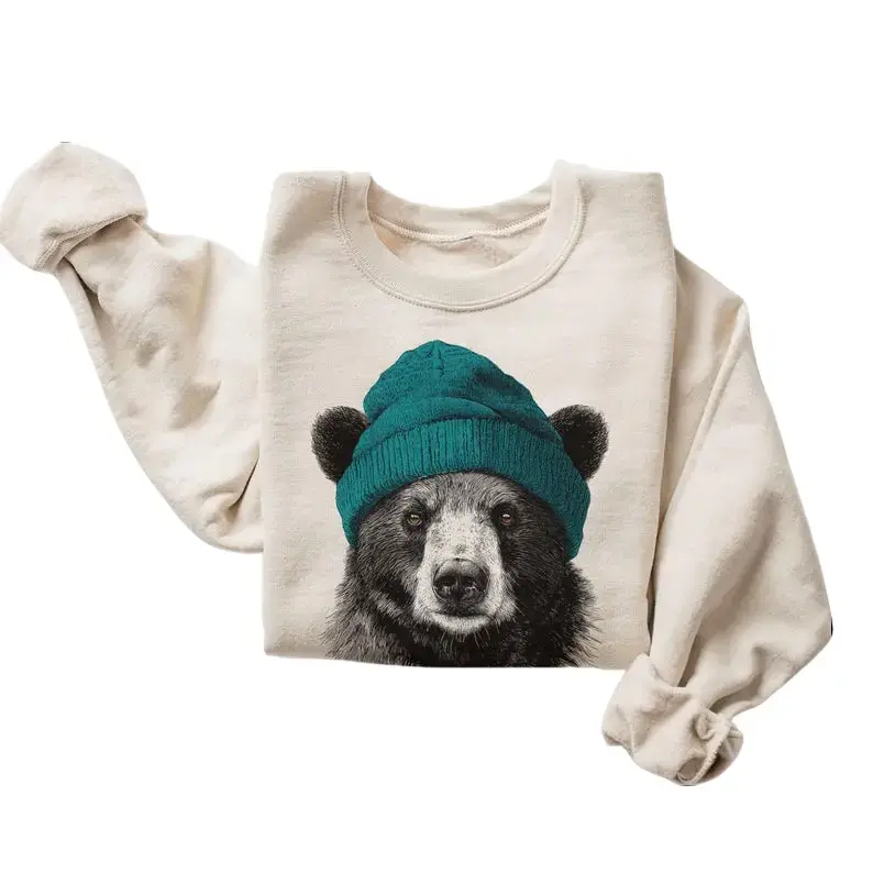 Retro Black Bear with Beanie Sweatshirt, Unisex Vintage Wildlife Graphic Top, Casual Cotton Polyester Pullover