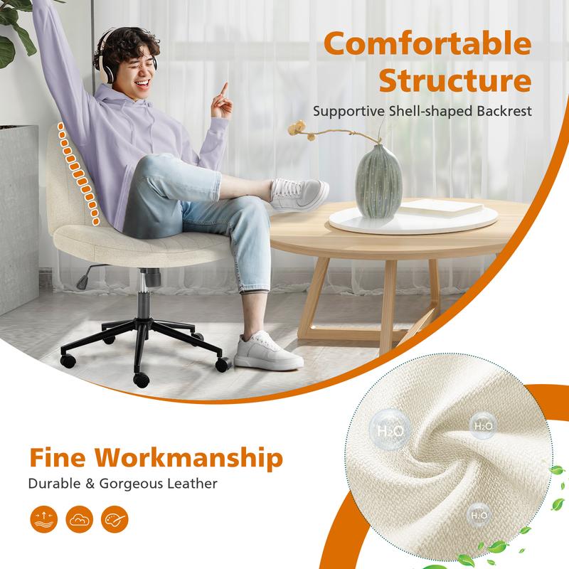 Armless Wide Swivel Office Chair with Cross Leg Seating, Adjustable Fabric Vanity Chair with Wheels and Fixed Base, Padded Seat, Grey