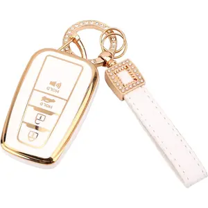 Car Key Fob Cover with PU Leather Keychain & Shiny Rhinestone Buckle, Stylish White Gold TPU Key Case