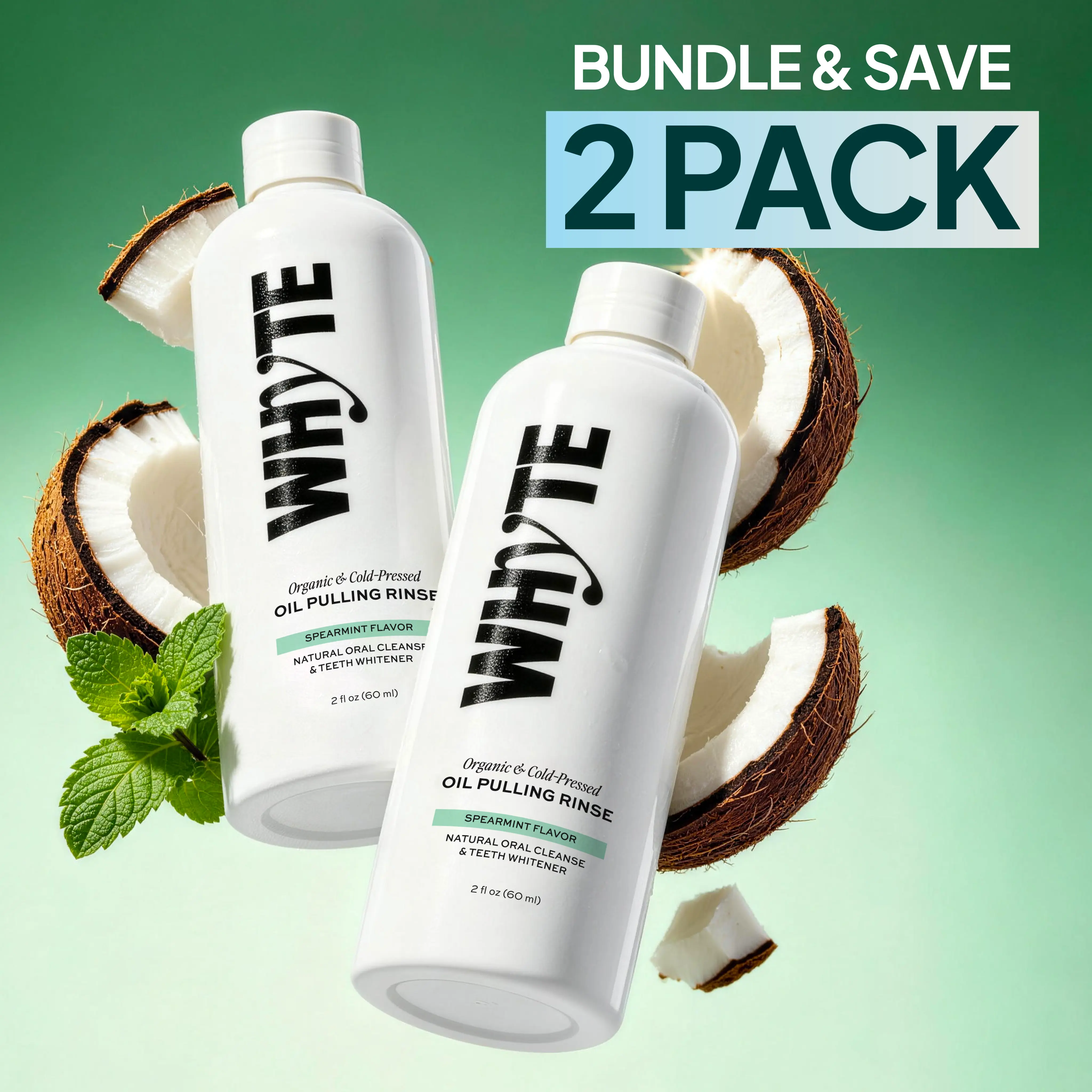 2 Pack Whyte Oil Pulling Rinse - Spearmint, Promotes Fresh Breath & Detoxes Mouth Naturally. Organic & Cold Pressed - Spearmint