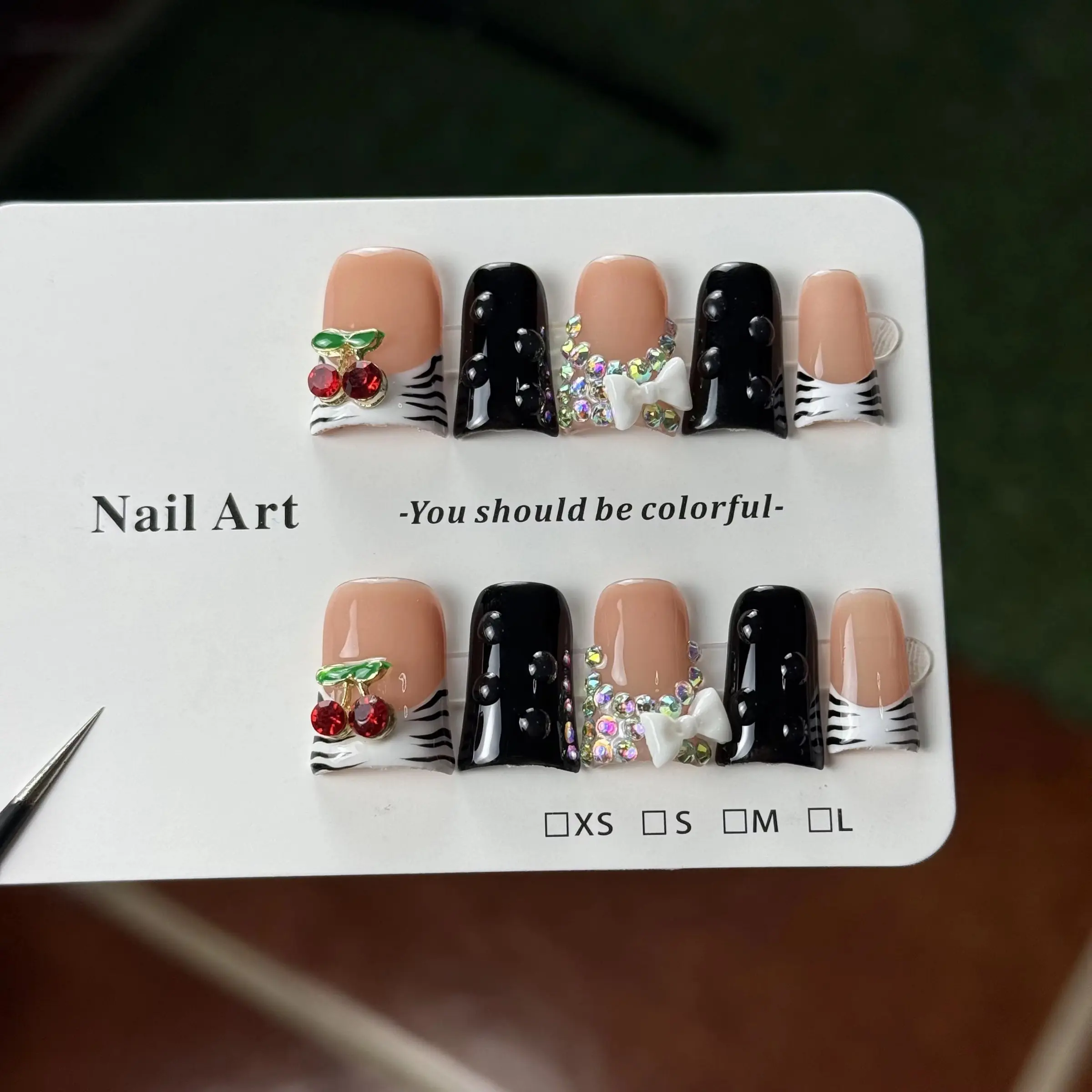 10pcs high-end Sweet style, hand-painted zebra print, three-dimensional cherry, bow, sparkling pile diamond handmade fake nails Nail Art