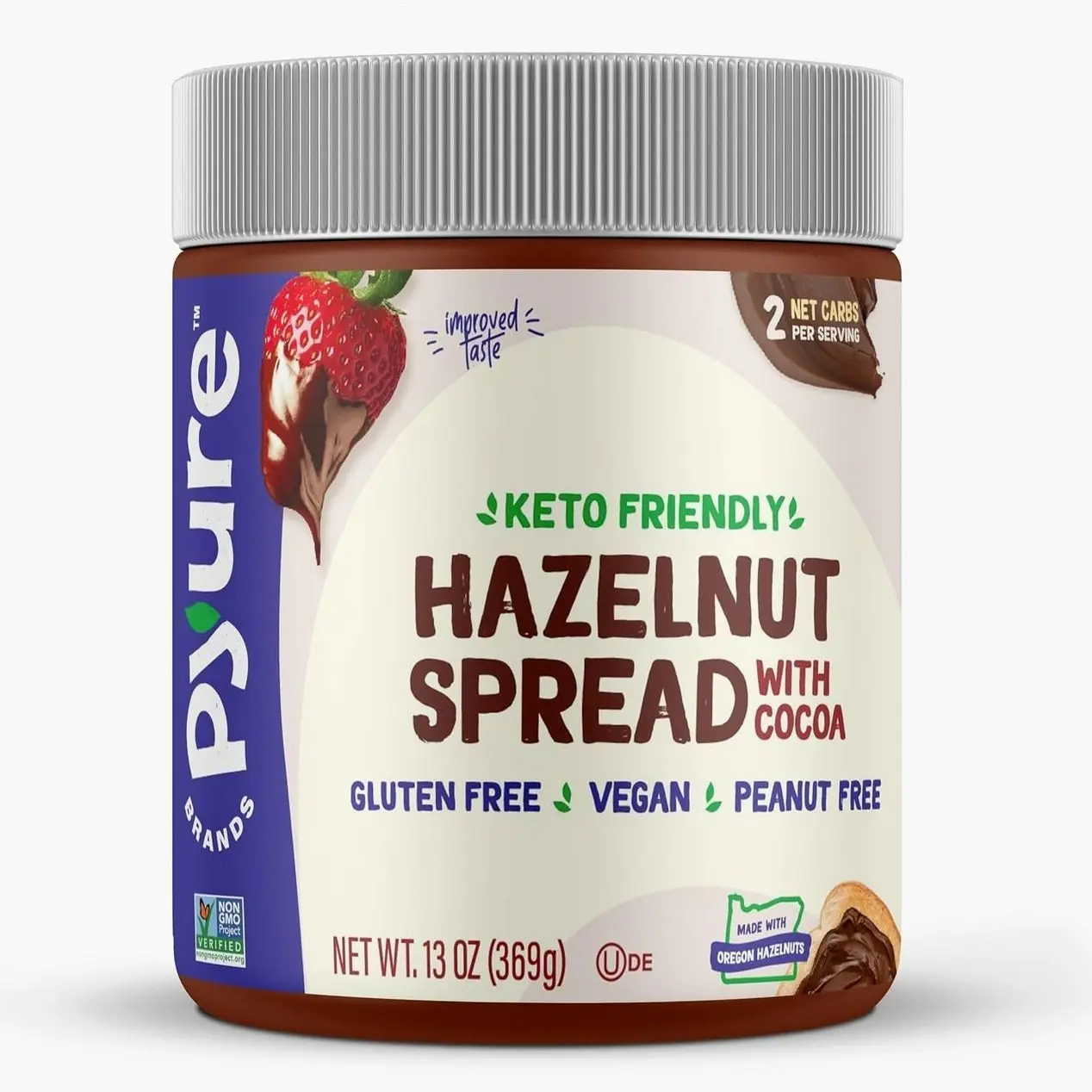 Pyure Keto Hazelnut Chocolate Spread | Sugar-Free, Low Carb, Vegan Nutella Alternative | 2g Net Carbs, Gluten-Free, Peanut-Free, Plant-Based, Non-GMO, Keto Snack, Vegan Sweets | 13 oz Jar