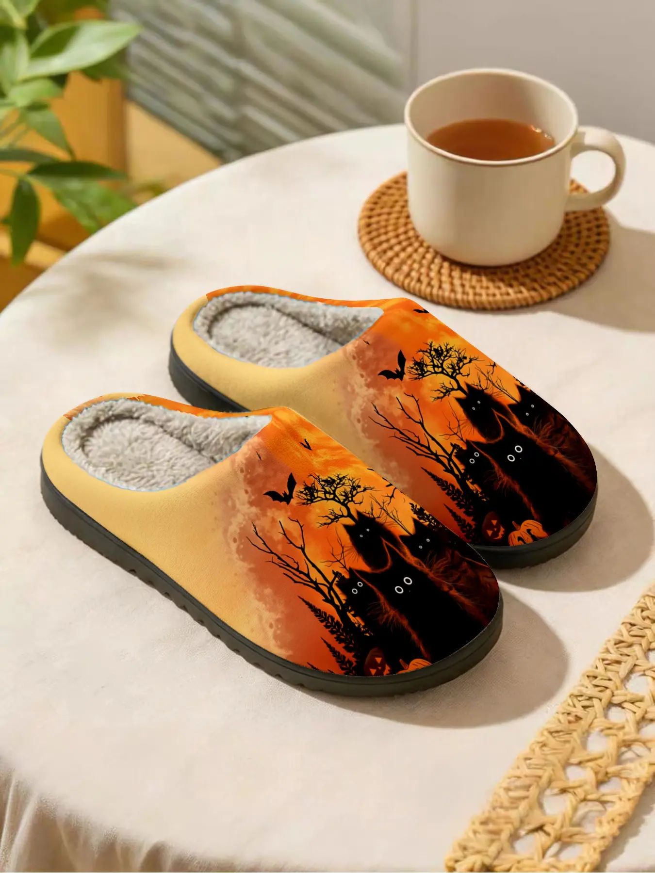 Halloween Black Cat & Bat Platform Plush Slippers 1 Pair, Dark Halloween Cat Atmosphere Style, Platform Cushioning + Fleece-Lined for Warmth, Halloween Enthusiasts & Dark Cat Style Lovers for Home Foot Warmth + Street Eye-Catching, Winter Must-Have!