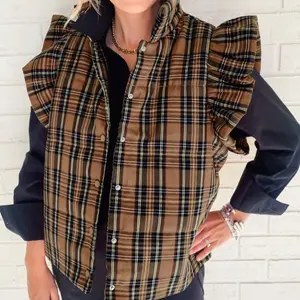 Tankaneo Women's Plaid Puffer Vests Ruffle Sleeveless Lightweight Quilted Vest Fall Winter Padded Gilets Coats