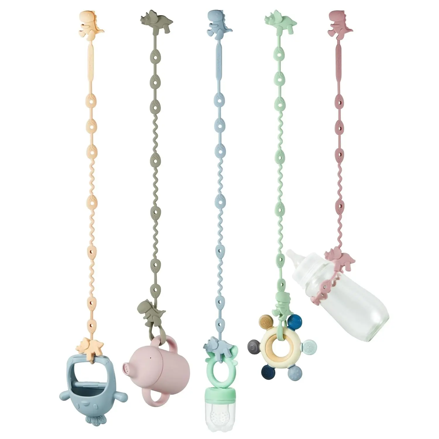 Baby Toy Straps - 5 Pack Dinosaur Silicone Pacifier Teether Harness Straps - Adjustable Baby Toy Holder for Bottles, Strollers, High Chairs, Cribs
