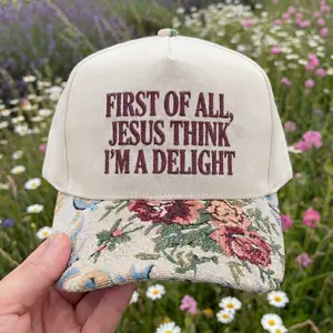 First Of All Jesus Think I’m A Delight Floral Hat | Christian Faith Funny Hat | Floral Embroidered Cap Aesthetic | Religious Gift for Women | Cute Faith-Based Baseball Cap | Viral TikTok Christian Apparel Gift Idea
