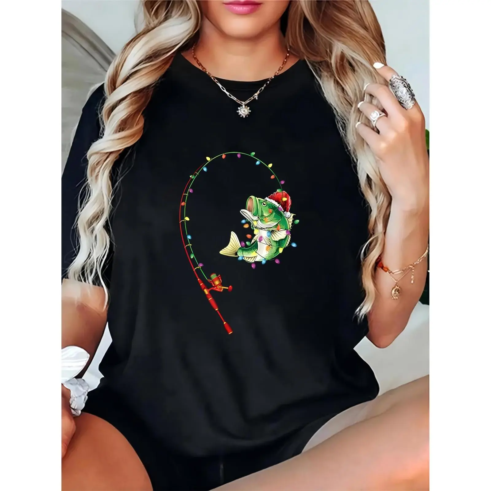 Women's Christmas Fishing T - Shirt | Santa Hat Bass Fish, Colorful Xmas Lights & Fishing Rod Graphic, Casual Xmas Tee for Fishing Lovers, Holiday Party & Daily Wear 100% Cotton T-shirt