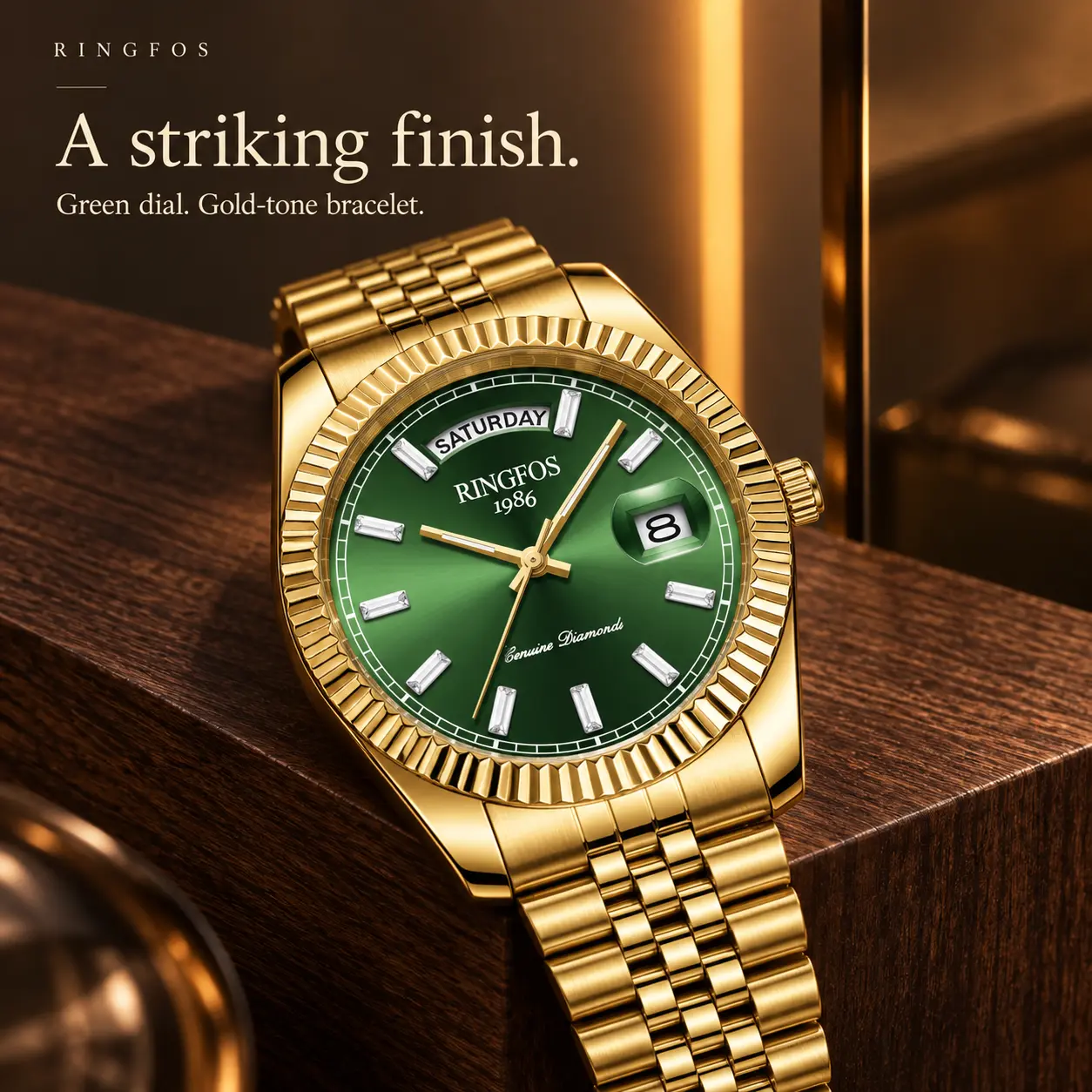 RINGFOS Swiss Men’s Quartz Wrist Watch, 43mm Gold-Tone Stainless Steel Analog Style with Day-Date Dual Calendar, Luminous Hands, Fluted Bezel, 3 ATM Water Resistance, Business Casual Daily Use, Gift for Him
