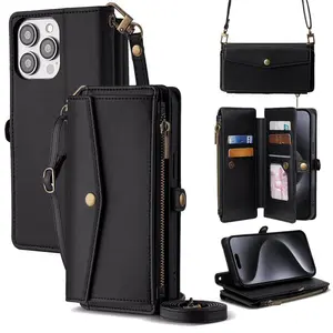 Crossbody Wallet Phone Case, PU Leather Flip Purse Case with 5 Card Slots, Zipper Pocket, Adjustable Shoulder & Wrist Strap, Kickstand, Magnetic Closure, Multi-Functional Protective Phone Cover for iPhone 17 16 16Plus 15 14 13 12 Pro Max Air