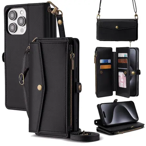 Durable PU Leather Crossbody Wallet Casing - Cellphone Cover Accessories for iPhone 17/16/16Plus/15/14/13/12 Pro Max Air Devices, 5-Card Quick Access Slots, Zipper Pocket, Adjustable Strap, Kickstand, Magnetic Closure, Hands-Free Carry