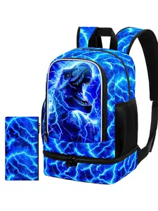 Boys 2pcs Lightning Dinosaur Backpack Set, Kids School Bookbag with Pencil Case, Durable T-Rex Bookbag for Primary School Boys