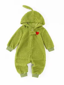 Baby Clothes Girls and Boys Hooded Long Sleeve Green Romper Toddler Outfit Solid Color Bodysuits 100% Polyester