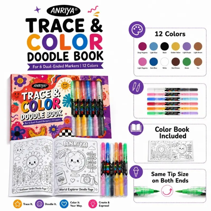 Back to school shopping-ANRIYA Trace & Color Art Set, 6 Dual Tip Drawing Pens with Complimentary Doodle Coloring Book, 12 Colors Smooth Markers for Outlining, Sketching, Journaling, Coloring & DIY Craft Making