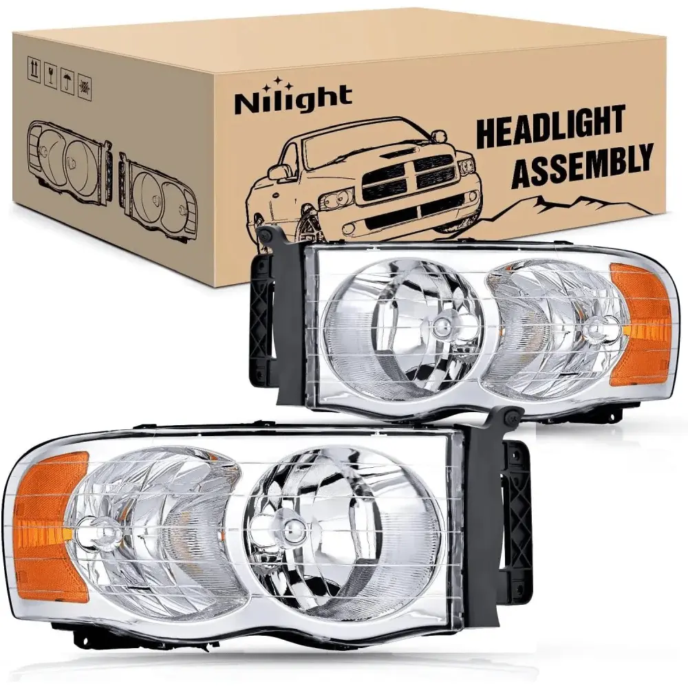 Nilight Headlight Assembly for 2002-2005 Dodge Ram 1500, 2500, 3500 - Chrome Case, Amber Reflector, OE Standard, Plug-N-Play, IP65 Rated