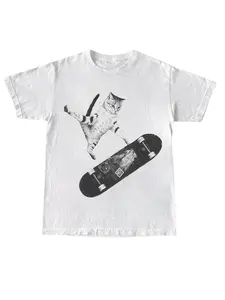 Tiktok Fashion Essential Graphic Tee, Fitted Long Cotton Casual Top, Trendy Streetwear Cat Print Shirt for All Seasons