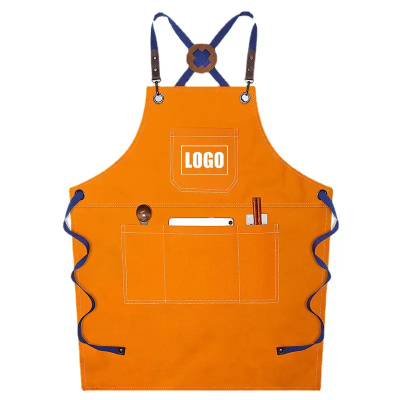 Adult-Size Adjustable Denim Fabric Apron with Multiple Pockets, Customizable Embroider Your Logo Printing for Restaurant Use (Home Supplies, Home Care Supplies)