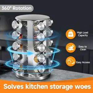 Multifunctional 360° Rotating Kitchen Spice Rack & Seasoning Storage Box Set, Kitchen Storage Shelf, Sturdy Base, Rotating Holder, Adjustable Metal Rack with White Cap