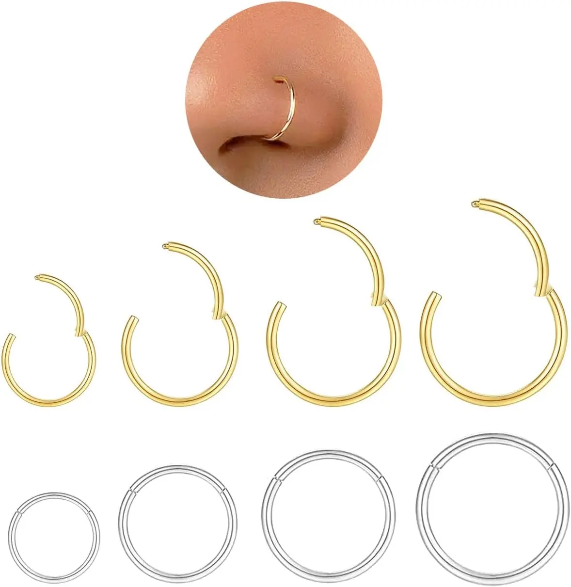 Hypoallergenic Nose Rings Hoops Set for Women Men: Dainty 8Pcs 18G Gold/Silver 316L Surgical Stainless Steel Nose Hoops Hinged Clicker Septum Rings for Body Piercing Jewelry 6-12mm Mothers Day Gifts