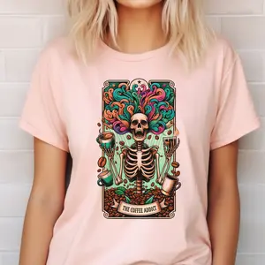 Coffee Tarot Tshirt The Coffee Addict Tee Coffee Addict Tarot T-Shirt Coffee Skull Tarot Top Tarot Skeleton Tees Coffee Lover Tshirt Womens Funny Tshirt