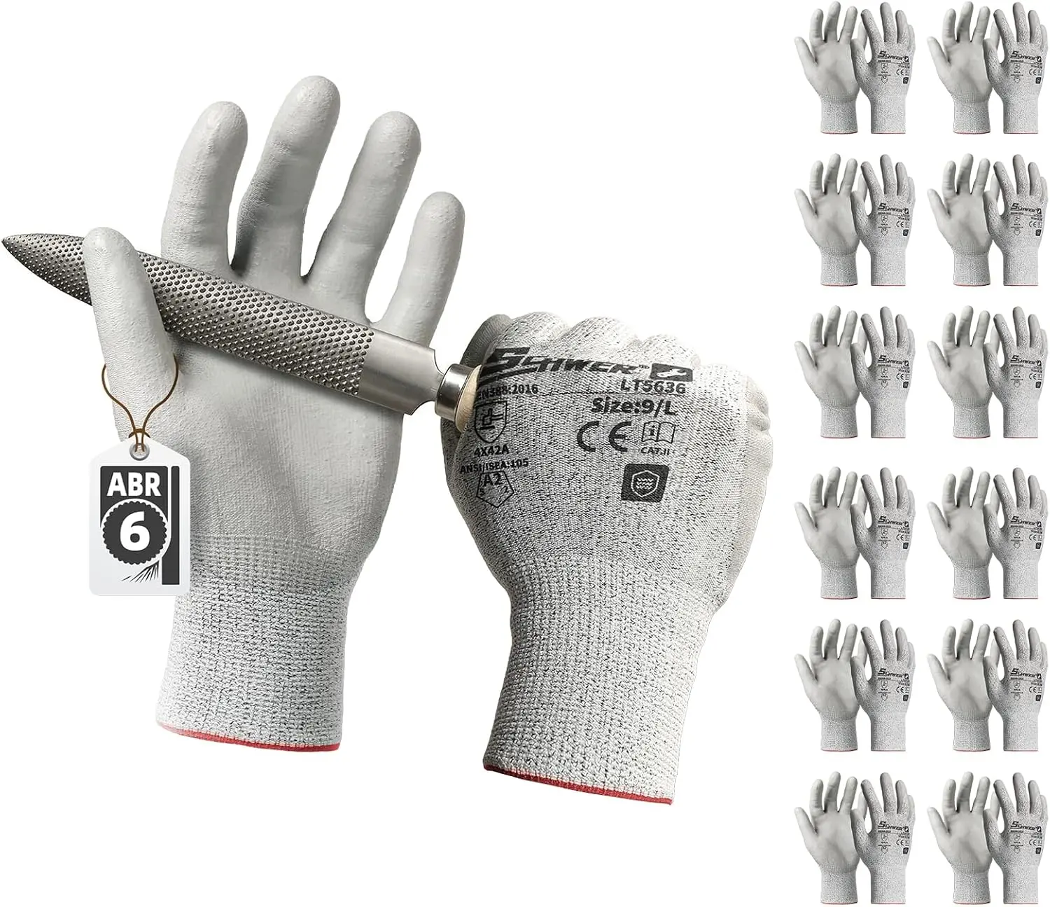 Schwer 12 Pairs A2 Cut Resistant Work Gloves, Ultra Durable, LT5636, Certified to Level 6 Abrasion, Enhanced Safety, Strong Grip, 3D-Comfort, Breathable, Flexible, Construction, Garden, Mechanic