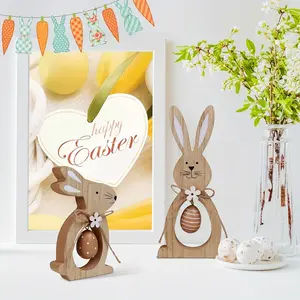 2 Piece Vintage Wooden Rabbit Egg Easter Decoration Set, Cute Easter Desk Ornament, Home Decor Gift, Perfect for Easter Celebrations