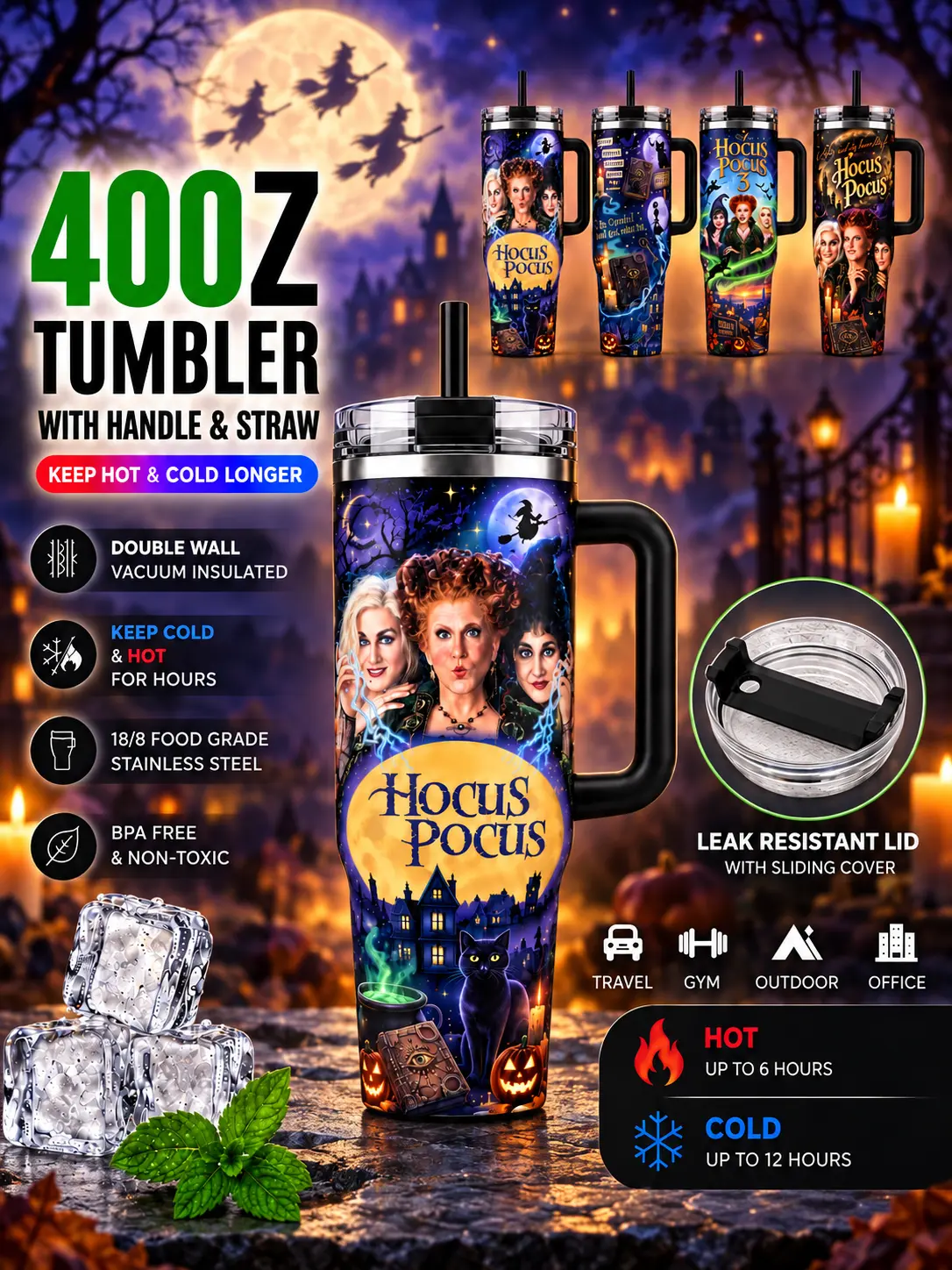 [HOT] Hocus Pocus Halloween 40 oz Stainless Steel Tumbler with Handle and Straw, Witch Moon Cat Design