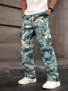 One-piece Dark Green Splash Pattern Camouflage Men's Cargo Pants with Street Functional Style and Multi-pocket Design, Casual Straight Leg