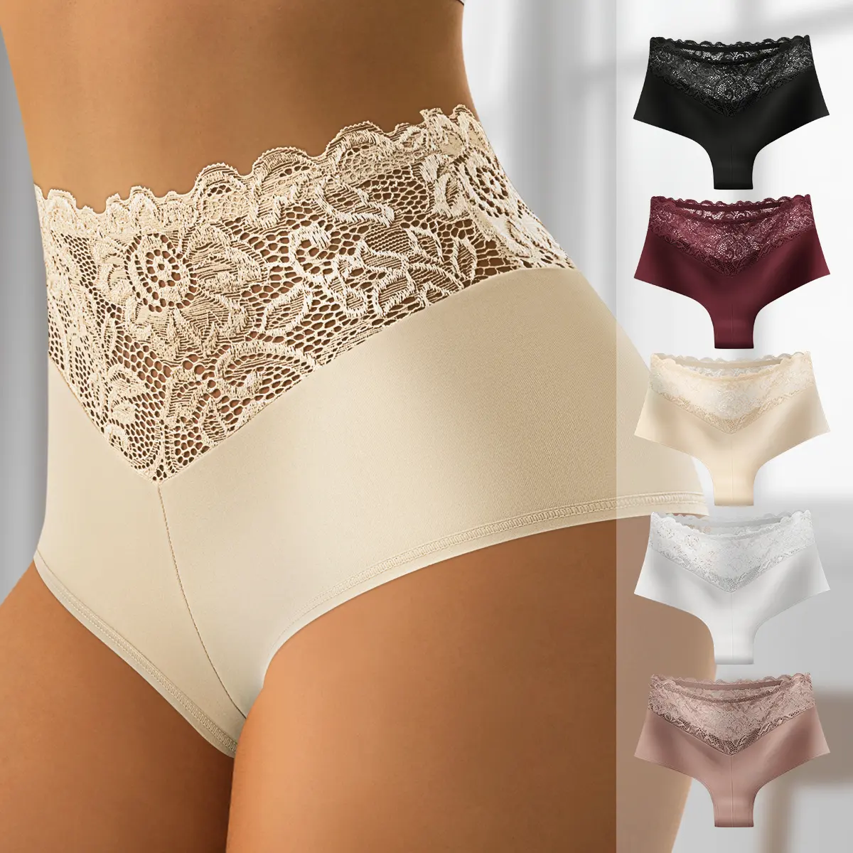 QUASTI 5-Pack Luxury Lace-Trimmed Women's Underwear| French-Inspired Embroidered Panels| Seamless High-Waist Design| Silky-Skin Feel for Everyday Elegance, S-XXL