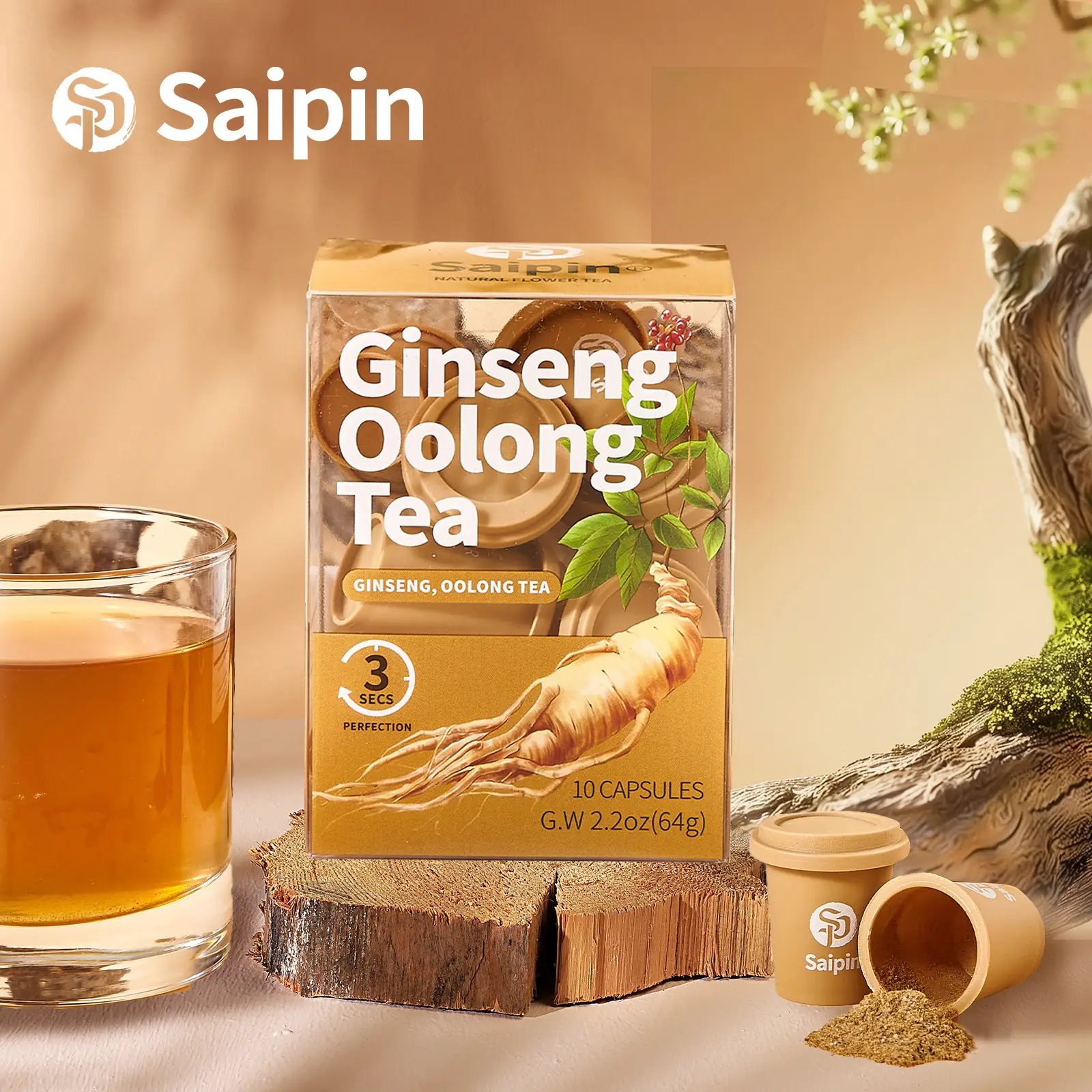 Saipin Ginseng Oolong Tea Pods - Freeze-Dried Herbal Drink - 90% Ginsenoside Retention - Sugar-Free Caffeine-Free Non-GMO - Smooth Bold Flavor - 10 Ca