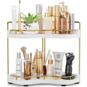 2-Tier Corner Counter Organizer with Embedded Screw Holes, & Stable Wood Shelf for Makeup and Skincare - Saving Countertop, White Gold