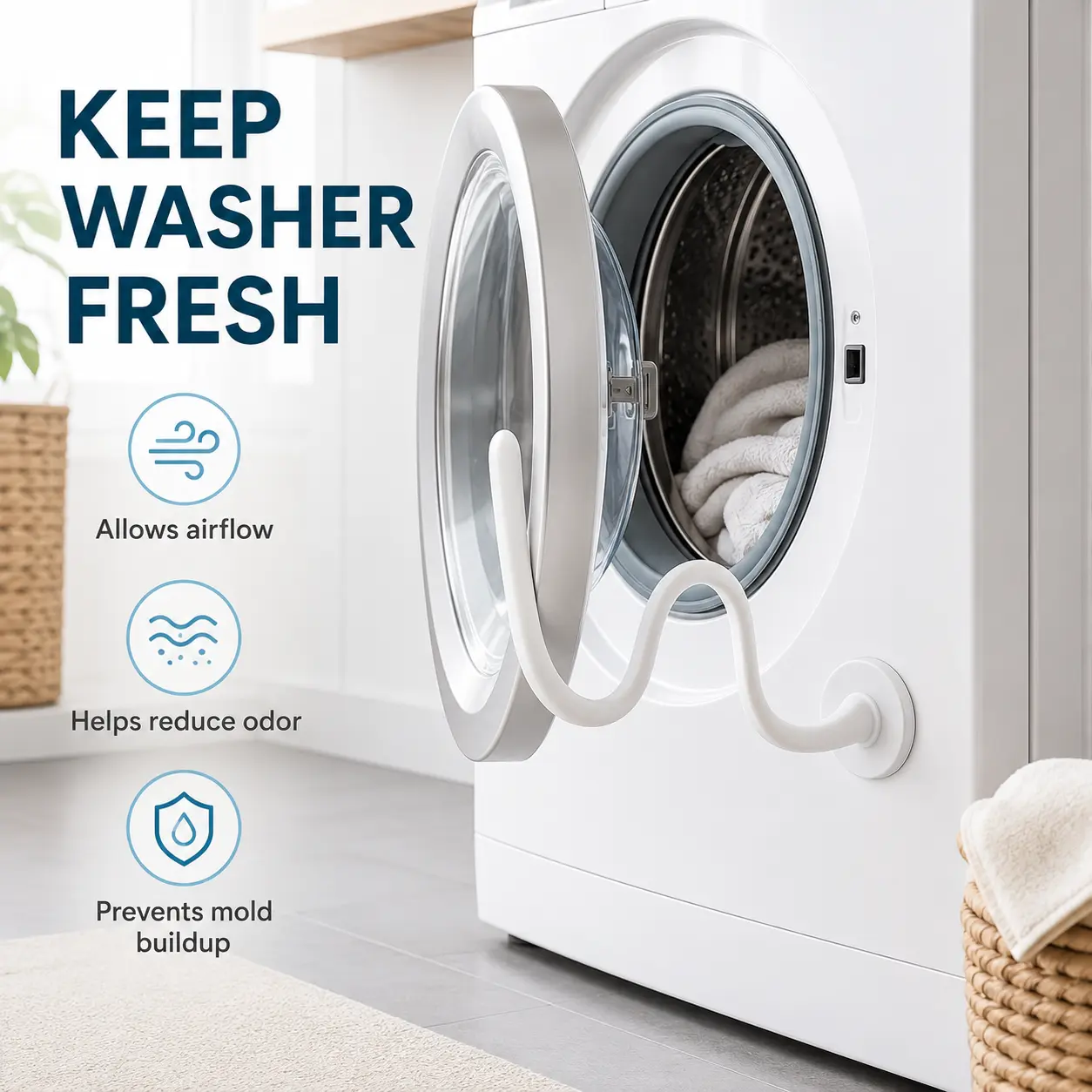 Flexible Magnetic Washer Door Holder for Front Load Washing Machines, Adjustable Door Prop with Strong Magnetic Base, Laundry Room Accessory for Airflow and Odor Control, White