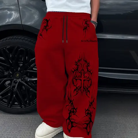 Men's Fashion Multicolor Casual Streetwear Sweatpants, Fitted Straight Leg, Gothic Print, Drawstring Waist, Street Style, Daily Wear, Sports, Parties