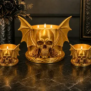 Gothic Skull Candle Holder Set, Bat Wings, Dark Floral Decor, Halloween Home Accent Decor