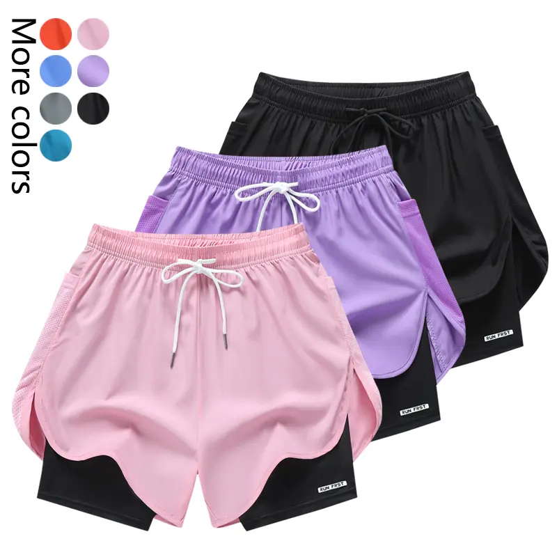 3-pack women’s casual athletic shorts, faux two-piece design, solid color, with inner lining, elastic drawstring waist, suitable for outdoor workouts, running, sports, and casual wear; women’s shorts