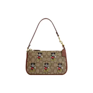 Coach x Disney Nolita 19 Mickey Mouse Print Classic Monogram Leather and Jacquard Crossbody Handbag for Women, Khaki and Mahogany