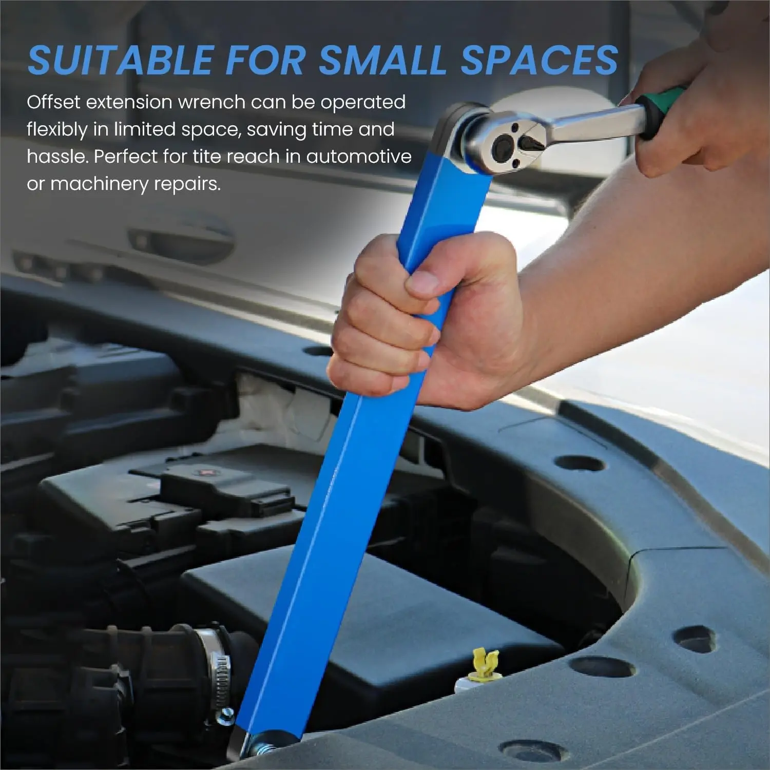Offset Extension Wrench,Impact Ready 15" Long, Heavy Duty Reinforced Steel Tight Reach Wrench with 1/4", 3/8", 1/2" Square Drive Adapters for Automotive Repair