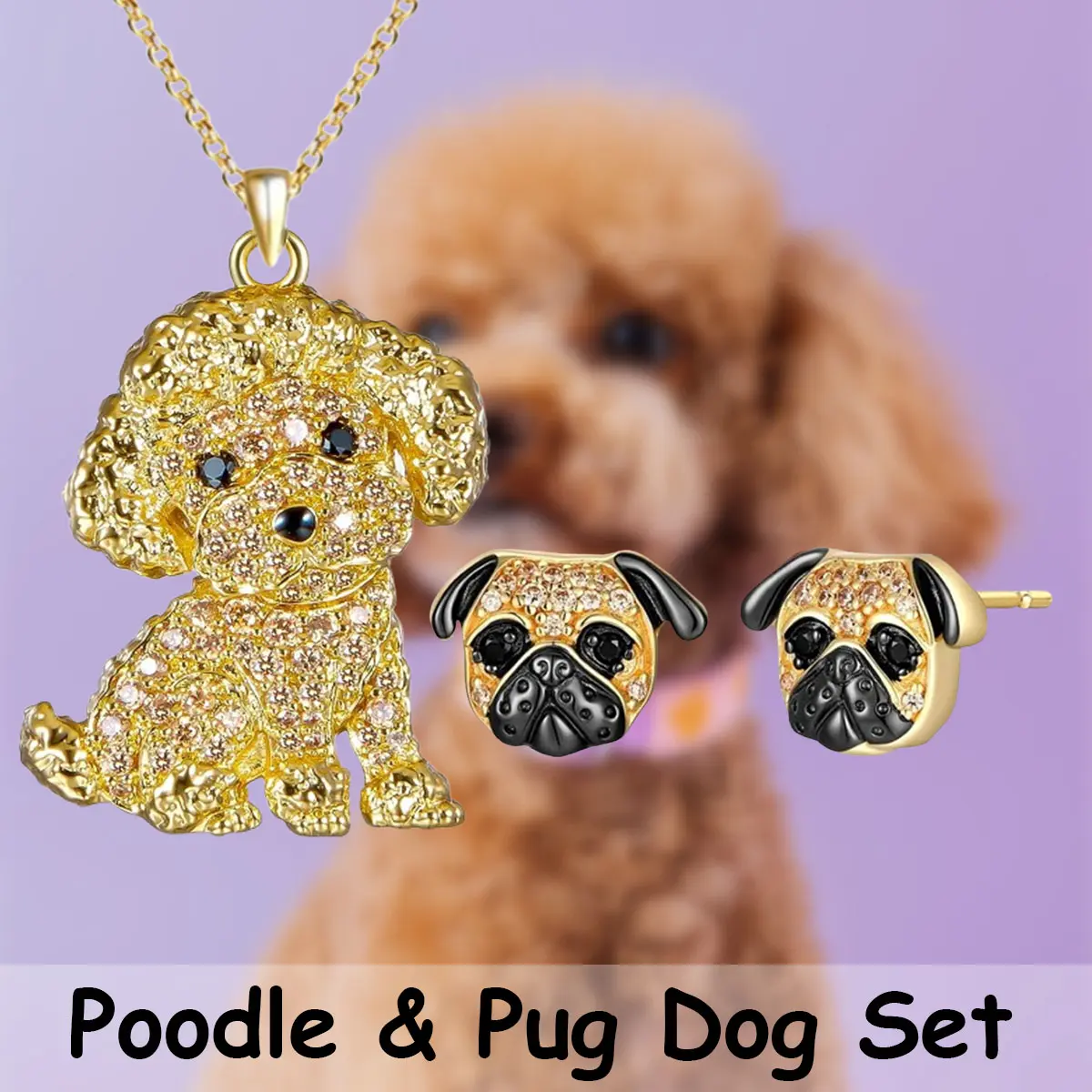 3 Pcs/Set  Adorable Golden Poodle Alloy Pendant Necklace & Cute Pug Stud Earrings Set - Charming Pet Lover Jewelry Gift for Women Girls Birthday Christmas