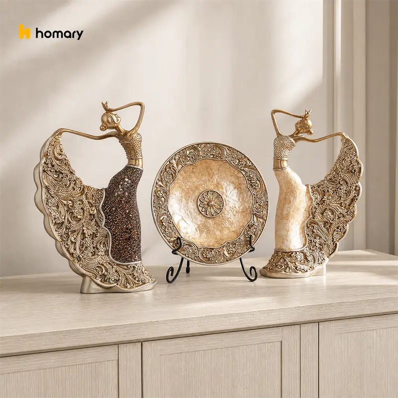 Homary 3PCS Vintage Gold Glass-Artistic Resin Collectible Figurine Set - Shell Dancer Ornaments, Compact Desk Decor, Living Room Office Bedroom Accents