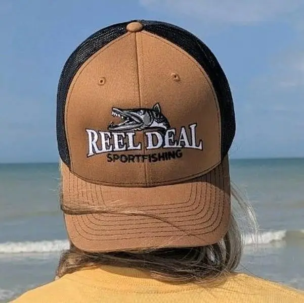 Reel Deal Snapback Trucker Hat Carmel with Black Mesh Sportfishing Design Adjustable Fit Classic Baseball Style Unisex Hat Custom Embroidered Hat Casual Summer Hat