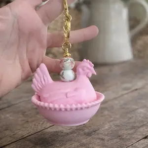 3D Hen on Nest Keychain with Gold Chain and Decorative Charm