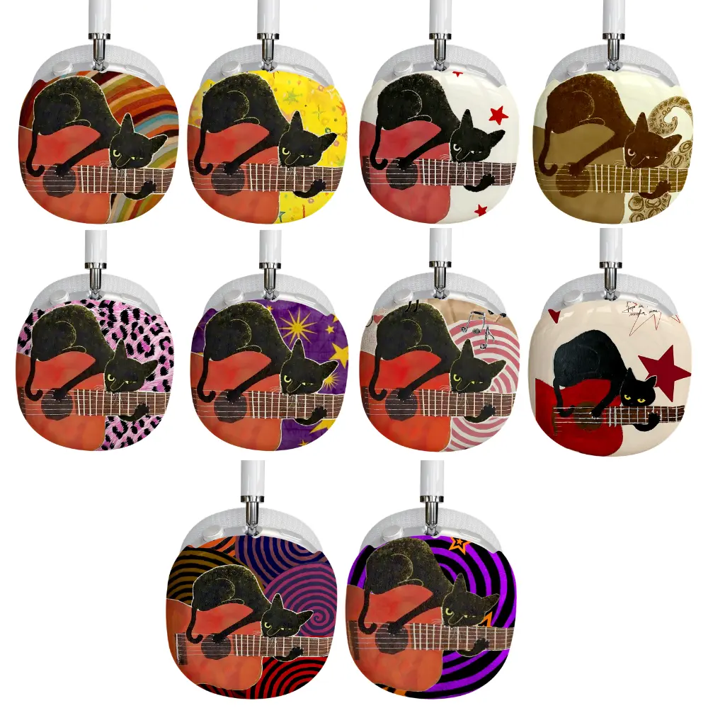 Black Cat Playing Guitar AirPods Max Skin – Retro Aesthetic Headphone Cover, Cute Artistic Vinyl Wrap