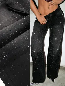 Women's Wide Leg Straight Jeans with Full Rhinestone Embroidery, Elegant Style Fitted Washed Denim Jeans for Music Festivals and Game Viewing Pants Button