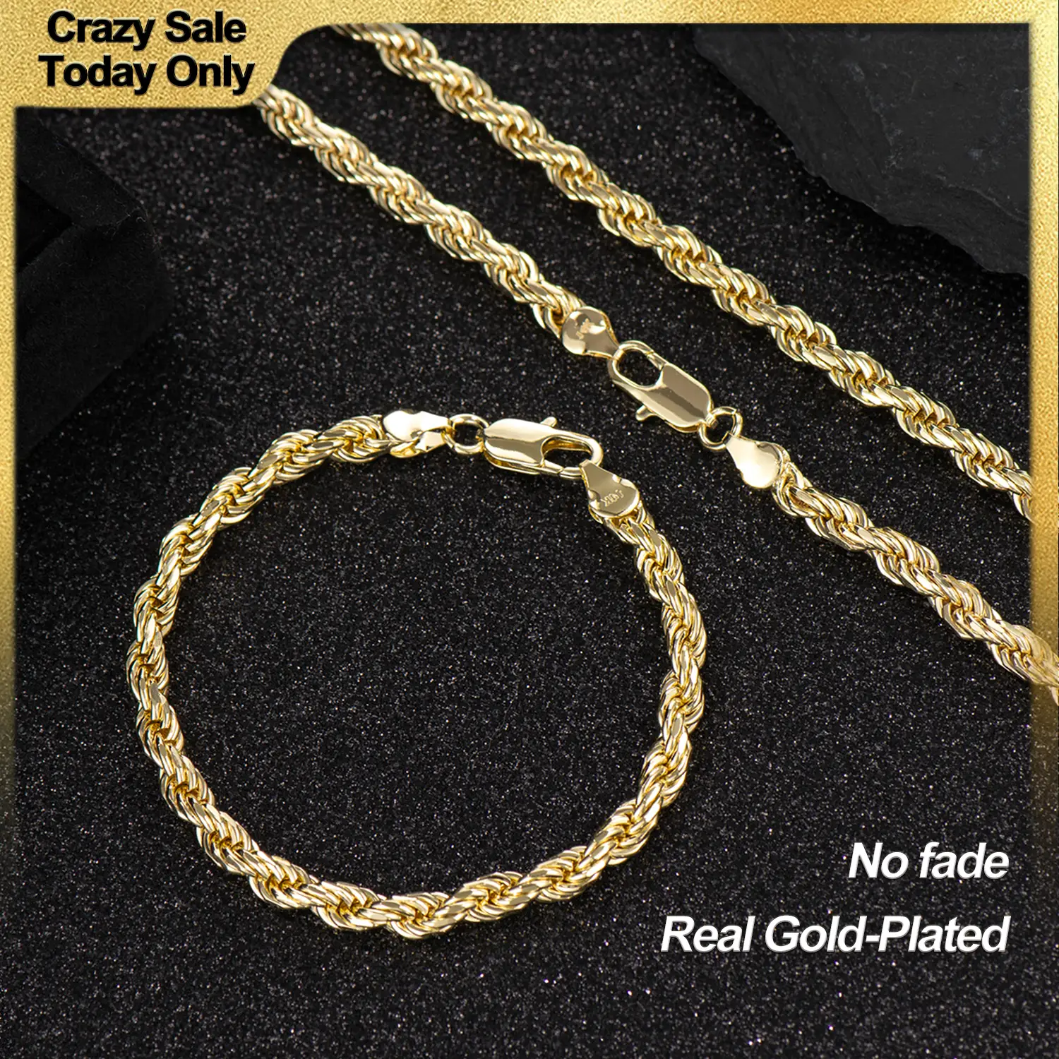 Holylegend 14K Gold-Plated Rope, Cuban, Figaro Set, 24" Length, Necklaces & Bracelet
