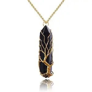 Healing Crystal Necklace Tree of Life Wire Wrapped Natural Stone Point Pendant Necklace Hexagonal Reiki Spiritual Quartz Gemstone Jewelry for Women Men