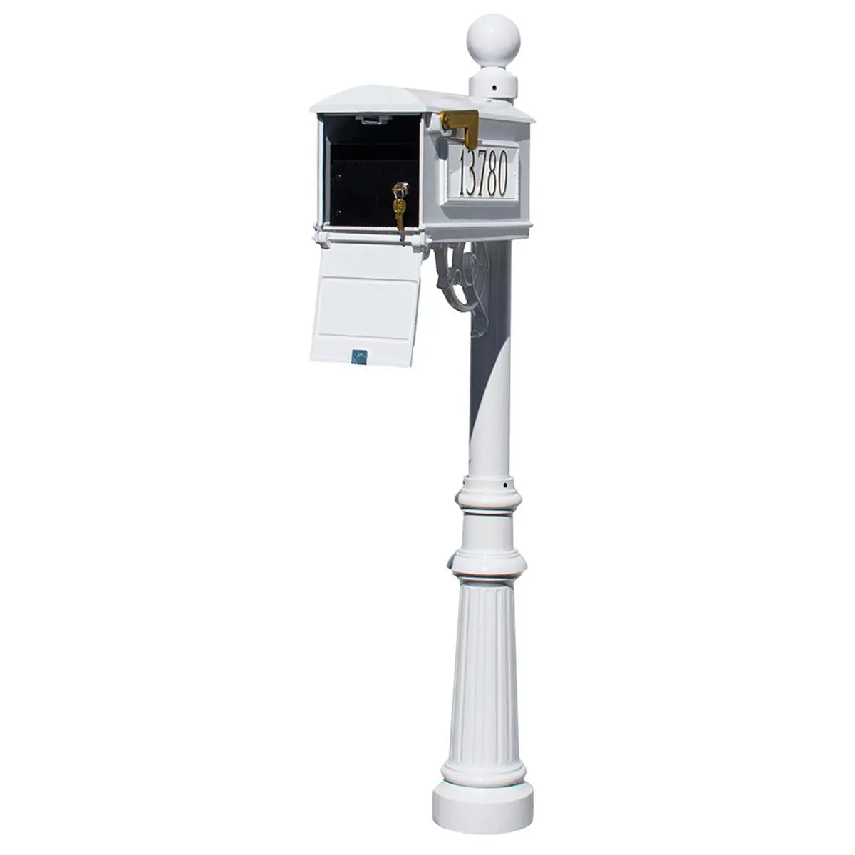 Lewiston Galvanized Steel Outdoor Mailbox Locking Insert Post Kit LMC-LKIT-804-WHT - White, Fluted Base, Ball Finial, 3 Cast Plates, Mailbox Kit